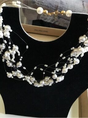 Delicate White Faux Pearl Multi-Strand Necklace with Gold Clasp